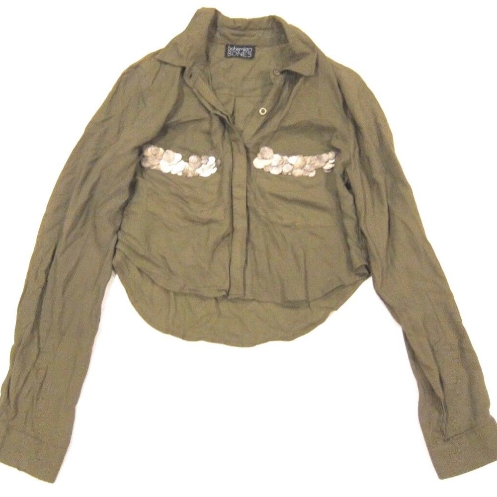 Revolve Bohemian Bones Crop Button Down Military Army Green Shirt